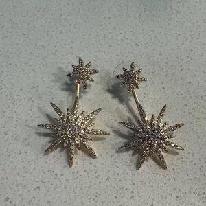 Gold Starburst Drop Earrings with Clear Crystals - Women Jewelry